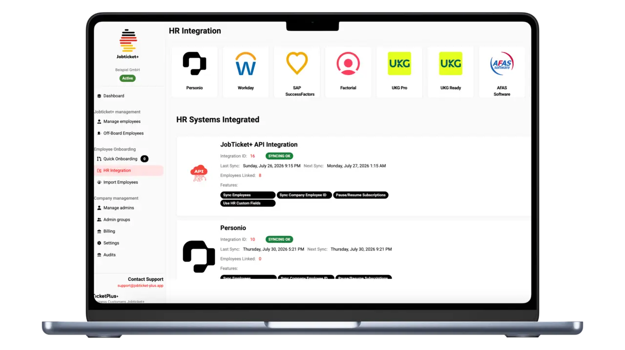 Jobticket+ HR-Dashboard mit aktiven HR-System-Integrationen Jobticket+ HR-Dashboard mit HRIS-Integrationen für Personio, Workday, SAP SuccessFactors, Factorial, UKG Pro und AFAS Software
