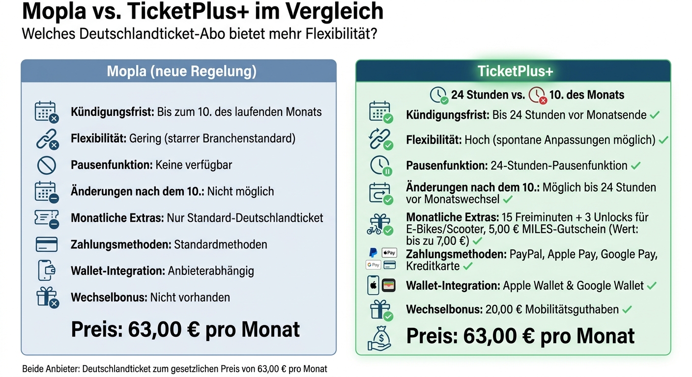Mopla vs TicketPlus+ Deutschlandticket Vergleich: Kündigungsfristen und Leistungen
